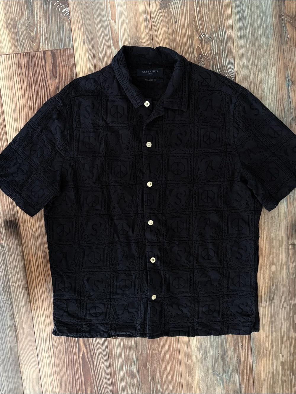 AllSaints Netley SS Shirt Black Lace Peace Heart Relaxed Fit  Size Med